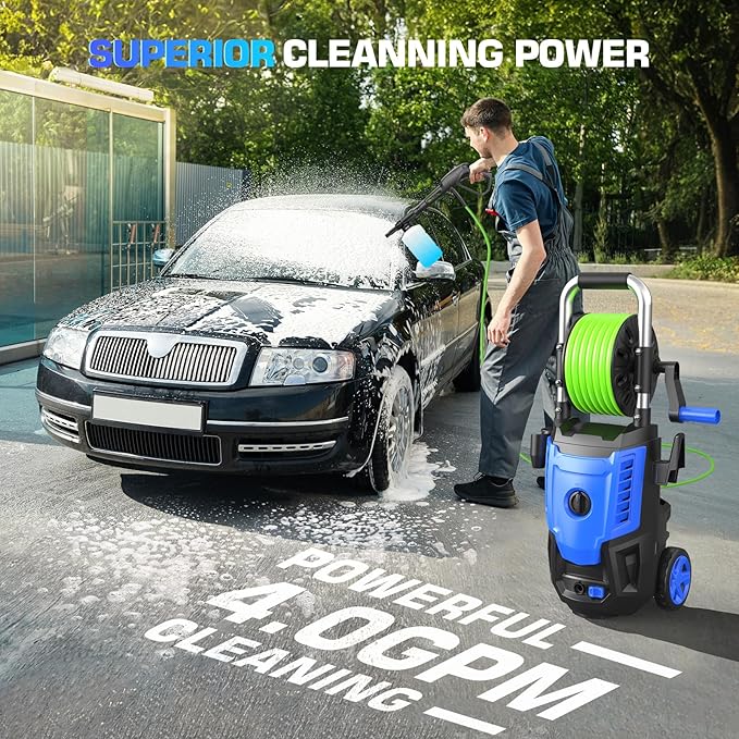 4800 PSI Pressure Cleaner- 4.0 GPM High Power Cleaner with 33FT Hose Reel, 4 Spray Tips and Soap Bottle for Car Washing, Fence Cleaning, Patio Maintenance（Upgraded）(Blue)