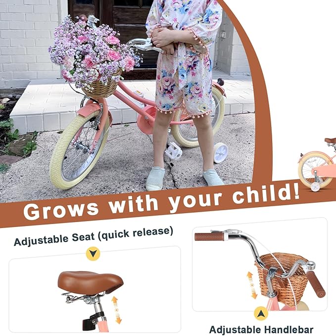 Glerc Little Molly 12-20 Inch Kids Retro Cruiser Bike for 2-13 Year Old with Wicker Basket & Training Wheels/Kickstand, Multiple Colors