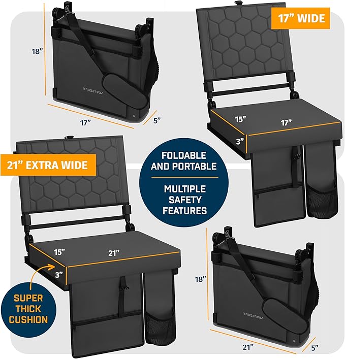 Extra Wide Folding Reclining Stadium Seat with Back Suppot for Bleachers, Bleacher Hooks, Thick Cushion, Cup Holder, Storage Pockets – Portable Chair for Kayak, Canoe, Paddle Board, Concerts, & Sports