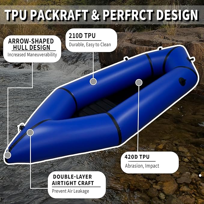 Lightweight Packrafts, TPU Inflatable Kayak for Flat Water Rafting Camping Trip/Fishing/Water Adventures 1 Person/2 Person Packraft, 330lb/660lb Weight Capacity