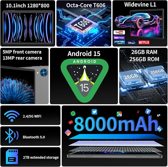 Android 15 Tablet with Keyboard, 26GB+256GB(2TB Expand), 10.1 Inch Tablet 8000 mAh Battery, BT 5.0, 5G WiFi, Widevine L1, Dual Camera, 2 in 1 Tab with Mouse, Case, Stylus（Silver Case）
