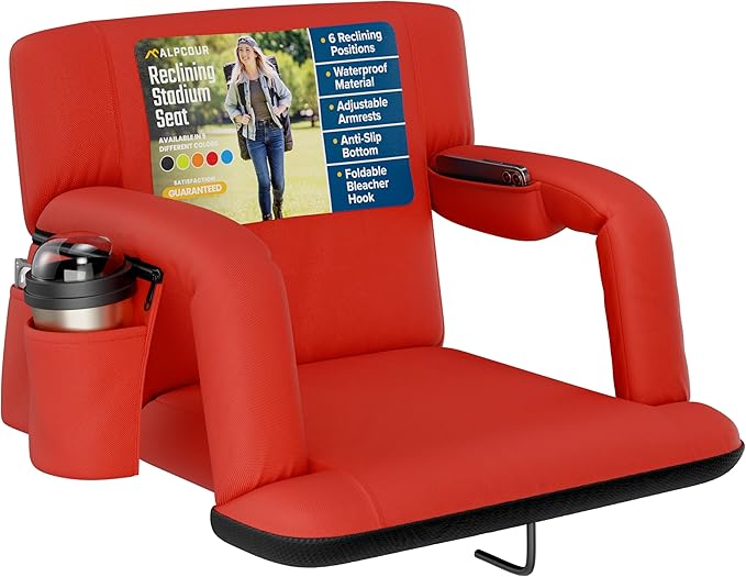 Alpcour Reclining Stadium Seat – Wide Bleacher Chair with Back Support and Cushion, Armrests, Side Pockets, and Bleachers Hook – Best Stadium Seats Chairs for Camping, Kayak, & Paddle Board Backs