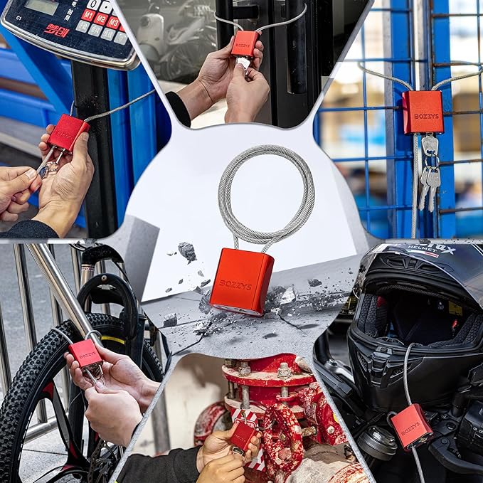 Adjustable Cable Locks with 3 Keys | L 6.56ft x D 1/6in Aluminum Steel Cable Padlock for Bikes, Gate, Lockers & Outdoor Gear | Keyed Different & Red