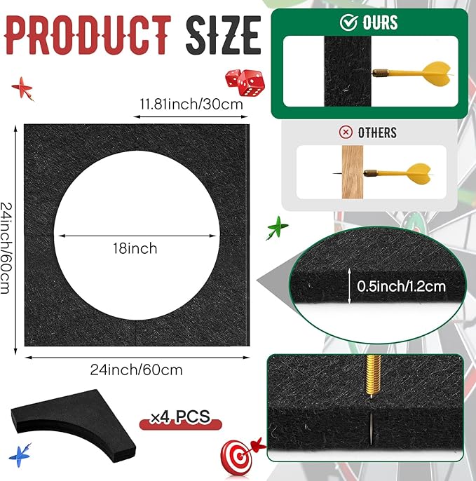 Extended Length Dart Board Surround Wall Protectors Fit 17.75'' and 18'' Dartboard Dart Backboard Felt Wall with Removable Adhesive Tabs