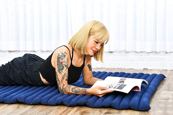 Leewadee - Kapok Roll Mat – Handcrafted Folding Sleep & Relaxation Mattress from Thailand, Ideal as Guest Bed, Camping Mat, Yoga Mat or Traditional Futon, 75 x 39 inches, Blue