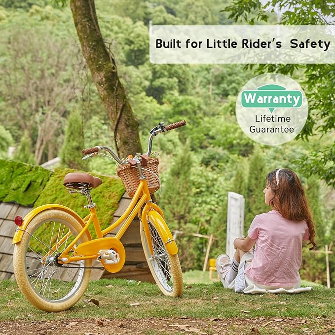 Glerc Little Molly 12-20 Inch Kids Retro Cruiser Bike for 2-13 Year Old with Wicker Basket & Training Wheels/Kickstand, Multiple Colors