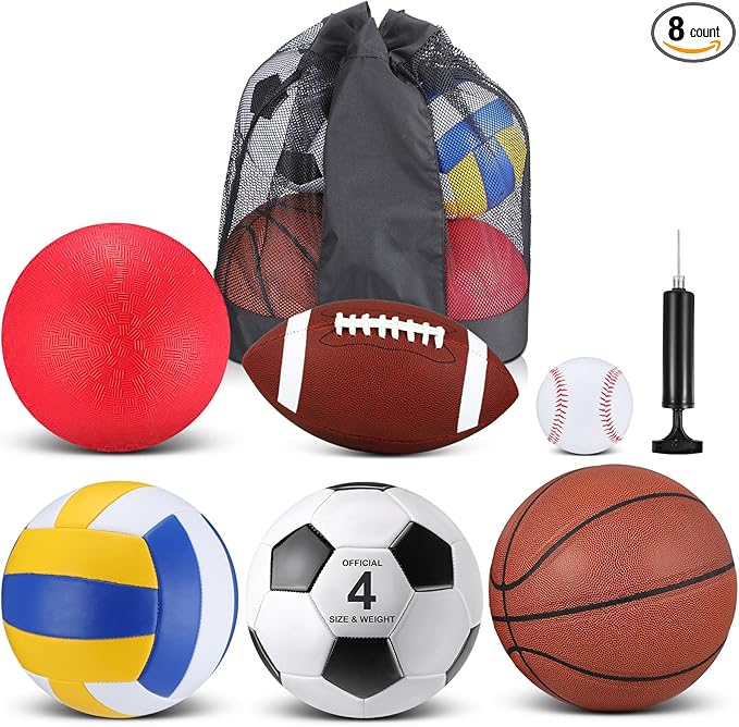 Realspring 6 Pcs Multi Sport Ball Set for Kid Teen Operation Christmas Official Size Football, Basketball, Soccer, Volleyball, Playground Ball, Baseball with Sports Equipment Bag Pump