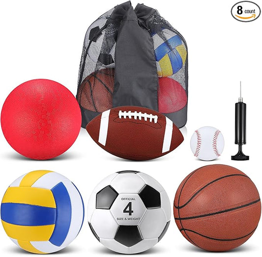 Realspring 6 Pcs Multi Sport Ball Set for Kid Teen Operation Christmas Official Size Football, Basketball, Soccer, Volleyball, Playground Ball, Baseball with Sports Equipment Bag Pump