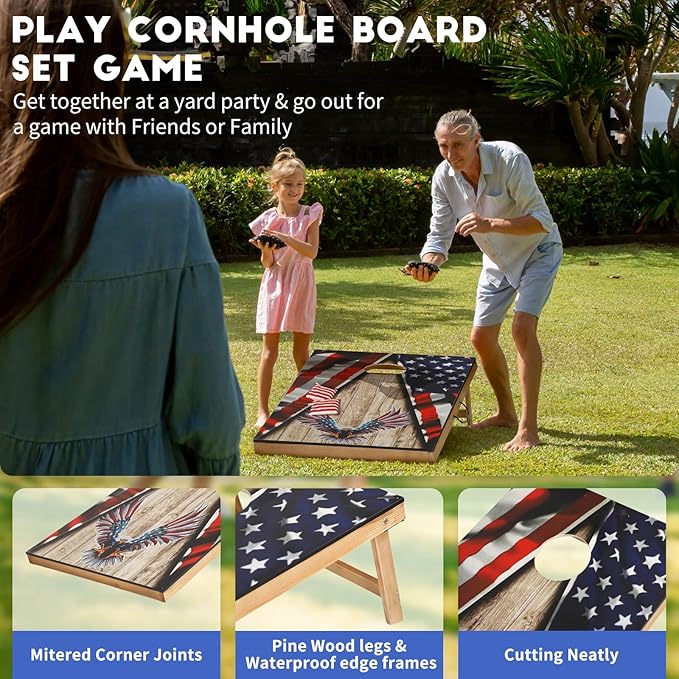 Cornhole Set, Corn Holes Outdoor Game, Regulation Cornhole Boards, Portable Cornhole Set, Classic American Flag Cornhole Set Includes 2 Boards, 8 Cornhole Beans Bags & Carry Case