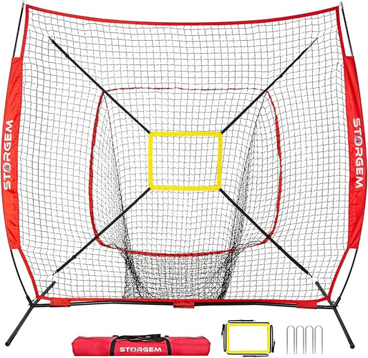 Storgem Baseball and Softball Practice Net 7×7ft Portable Hitting Pitching Batting Training Net Baseball Backstop Net with Batting Tee and Strike Zone and Bow Frame