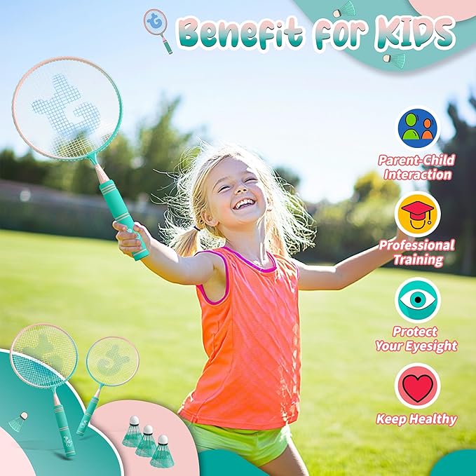 JOY SPOT! Kids Badminton Rackets Set with Soft Grip, Oversize & Lightweight Shuttlecocks Racquet with Carry Bag for Children Youth, 2 Player Sport Game for Indoor Outdoor Backyard