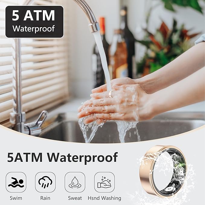 Thin Smart Ring for Fitness & Health Tracking -Pedometer,Sleep/Heart Rate/Blood Oxygen Monitor, Gesture Control / 5ATM Waterproof -No APP Subscription Compatible with Android& iOS (Rose Gold, 8)