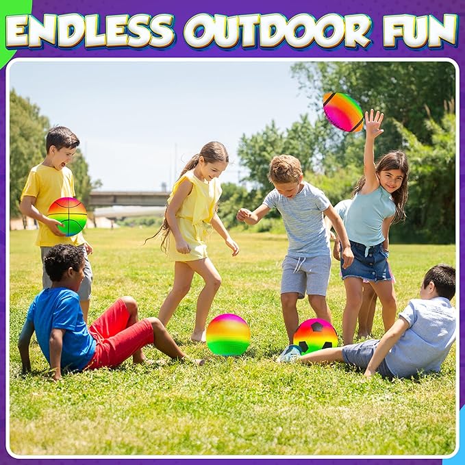 Rainbow Sports Balls for Kids & Toddlers - (Pack of 4) 8.5-Inch Neon Sport Ball Set Includes Football, Soccer, Basketball, & Playground Balls, Inflatable Indoor & Outdoor Fun Toys - Birthday Gift