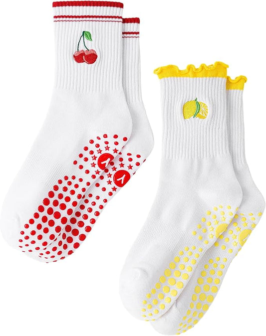 Yawlsow Pilates Grip Socks for Women Yoga Grippy Socks Cute Barre Non Skid Athletic Crew Sticky Sock Workout Hospital