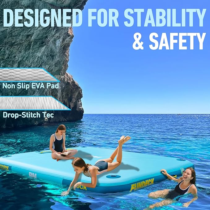 Inflatable Floating Dock – Swim Platform, Floating Deck Raft Mat for Lake, Pool, Beach, Ocean – Non-Slip Surface – BM Fundeck