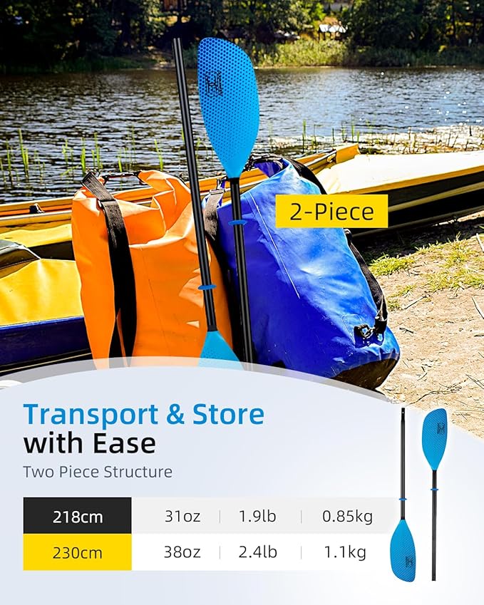OCEANBROAD Kayak Paddle 86in/218cm, 90.5in/230cm Alloy Shaft 2-Piece Floatable Kayak Oar for Kayaking Canoeing Boating