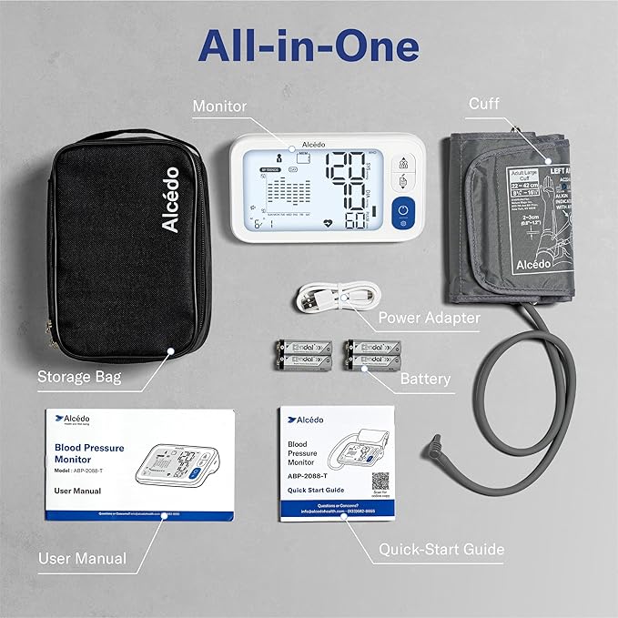 Alcedo Bluetooth Blood Pressure Monitor for Home Use, Accurate Upper Arm Smart BP Machine with Wide Range Cuff, App-Enabled for iOS & Android, Super Large Backlit Screen, 2 x 250 Memory