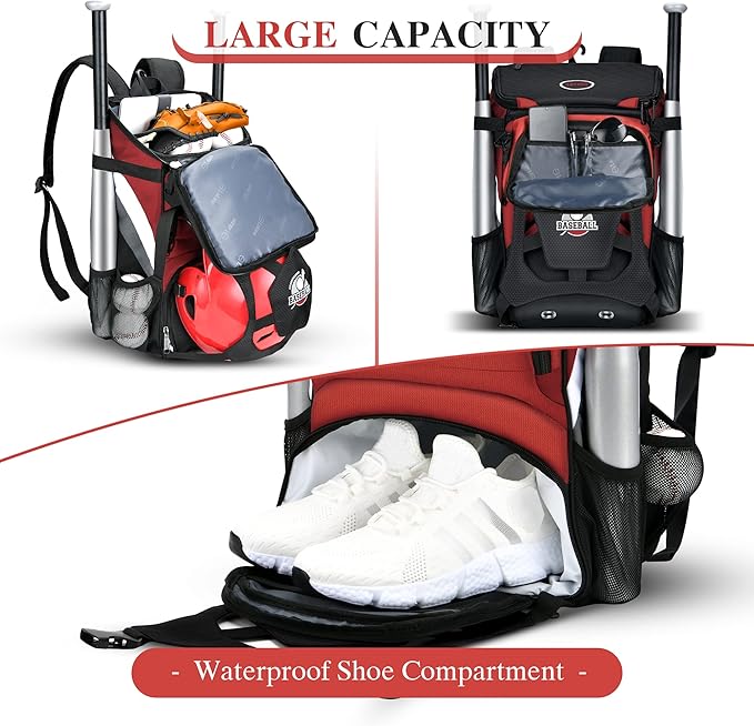 Baseball Backpack for Adult and Youth, Large Capacity Lightweight Softball Bag With Shoe Compartment and Fence Hook for TBall Bat & Equipment, Waterproof for Helmet, Gloves