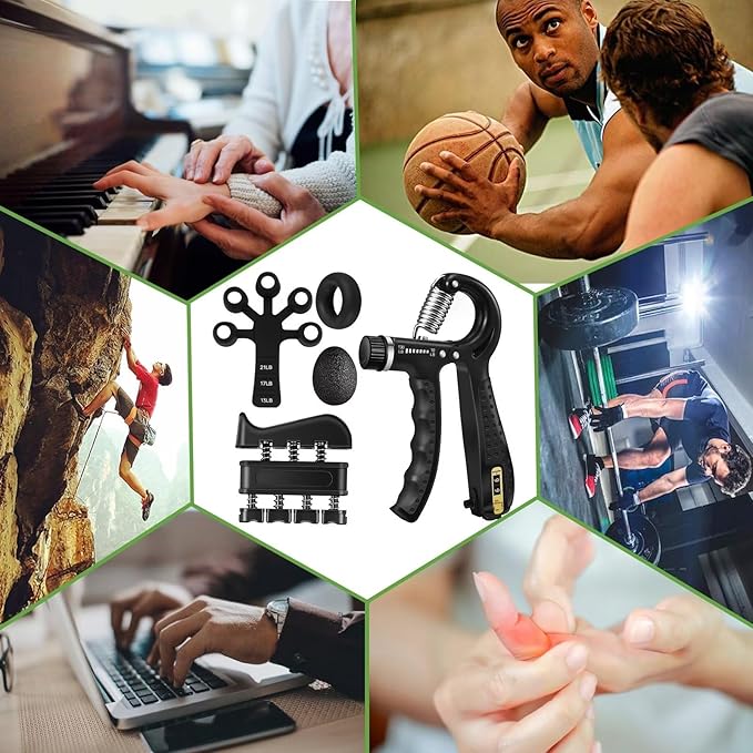 Grip Strength Trainer Kit (5 Pack), Grip and Forearm Strengthener, Finger Strengthener, Adjustable Resistance Hand Gripper, Grip Ring, Stress Relief Ball for Muscle Building, Injury Recover