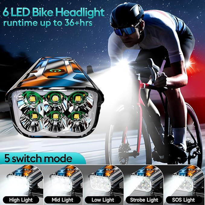 Upgrade Super Bright 6 LED Bike Light for Night Riding,3800 Lumens Aluminum Rechargeable Bicycle Light, 6000 mAh ，Runtime 48+hrs,10 Modes Waterproof Safety Bike Headlight Taillight for Outdoor Cycling