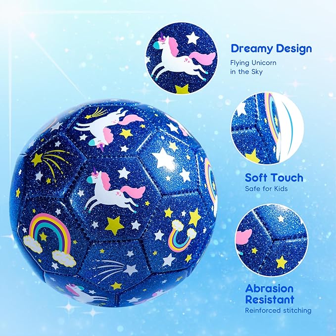 Kids Soccer Ball Size 2 Size 3 Size 4 Glitter Unicorn Dinosaur- For Toddlers Kids Age 1-3 3-8 8-12 - Sports & Outdoors Ball Inflatable with Pump - Gift for Girls Boys Children Youth School Birthday