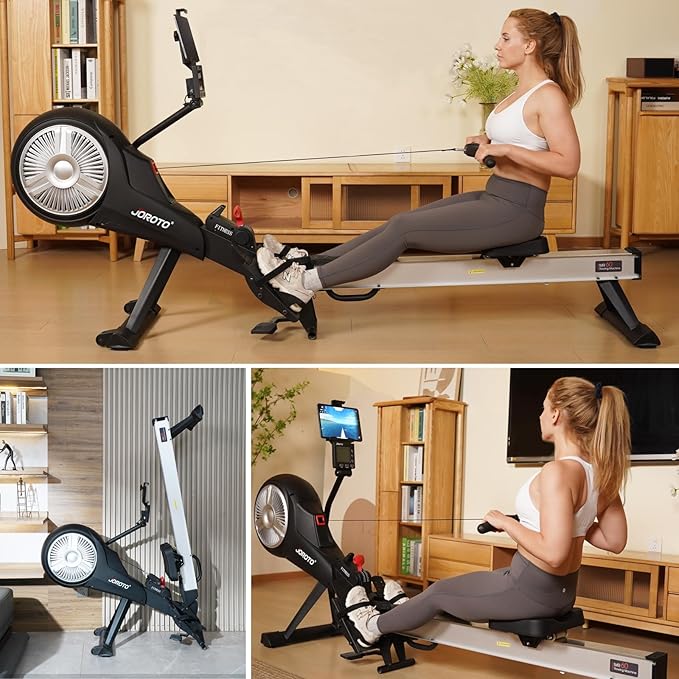 Rowing Machine for Home JOROTO Air Magnetic Rowing Machines for Home Foldable with 49.5" Rail, Backlit Monitor, Bluetooth, App Supported, Tablet Holder Rower Machine