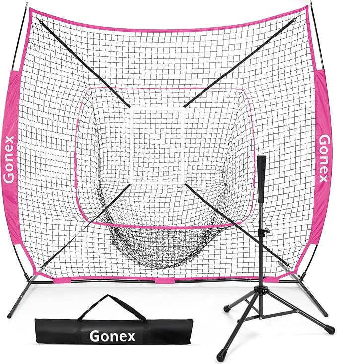 Gonex 7' x 7' Baseball Softball Practice Net Set with Batting Tee for Hitting and Pitching Batting, Practice Training Aid, with Strike Zone, Large Mouth, Bow Frame, Carrying Bag