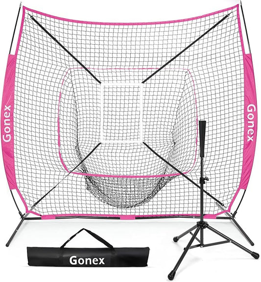 Gonex 7' x 7' Baseball Softball Practice Net Set with Batting Tee for Hitting and Pitching Batting, Practice Training Aid, with Strike Zone, Large Mouth, Bow Frame, Carrying Bag