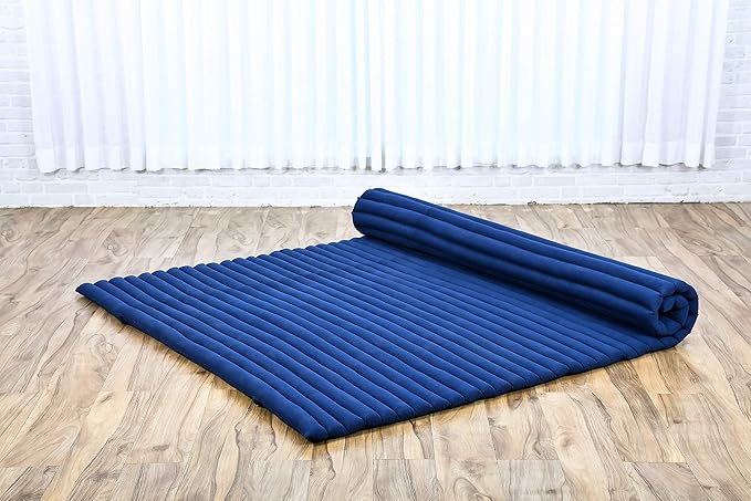 Leewadee - Foldable Floor Mattress - Japanese Roll Up Futon -Trifold Tatami Mat- Guest Floor Bed - Camping Mattress - Thai Massage Mat, Kapok Filled, 75 x 57 inches, Blue