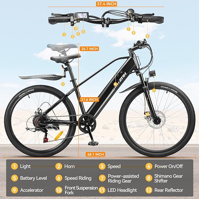 ZNH Adult Electric Bike, 750W Motor | Peak 1000W, 26" x 1.96" Wide Tire, 55-80 Mile Range, 48V 13Ah Battery, City | Mountain E-Bike with Shock Absorber, UL2849 Certified