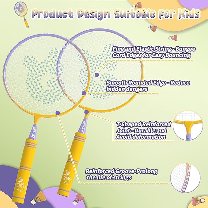 JOY SPOT! Kids Badminton Rackets Set with Soft Grip, Oversize & Lightweight Shuttlecocks Racquet with Carry Bag for Children Youth, 2 Player Sport Game for Indoor Outdoor Backyard