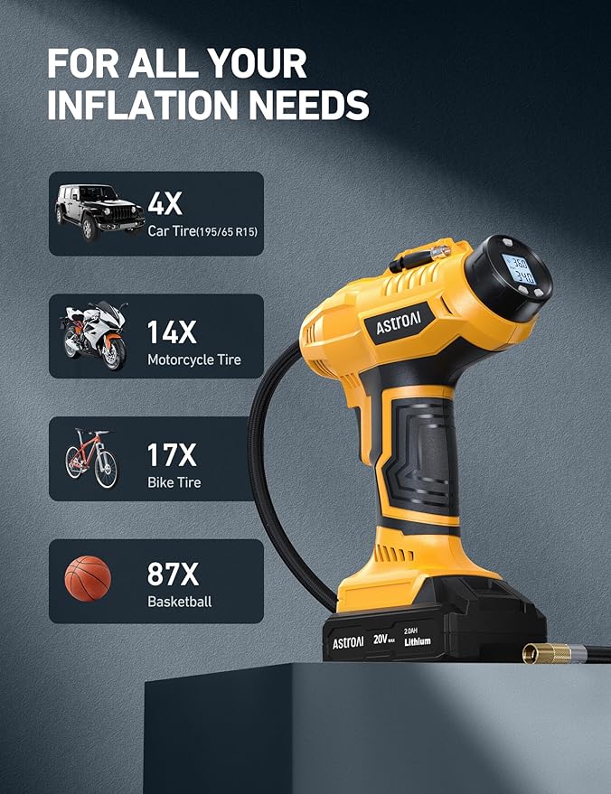AstroAI Cordless Tire Inflator Air Compressor 20V Rechargeable Battery Powered 160PSI Portable Air Pump with 12V Car Power Adapter Digital Pressure Gauge for Cars Motorcycles JY16P160-18（C2）Yellow