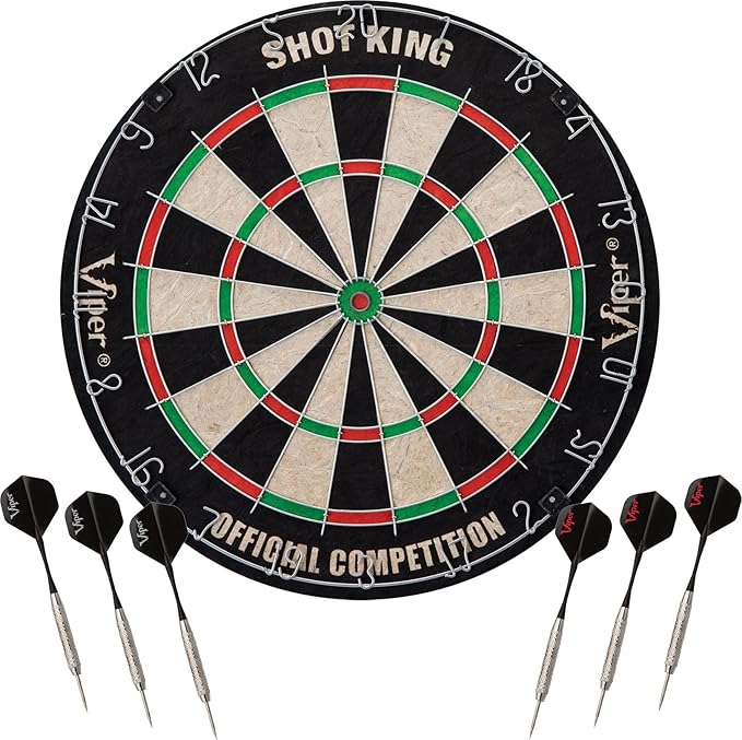 Viper Stadium Cabinet & Shot King Sisal/Bristle Dartboard Ready-to-Play Bundle with Two Sets of Steel-Tip Darts, Throw Line, and Dry Erase Scoreboards, Walnut Finish