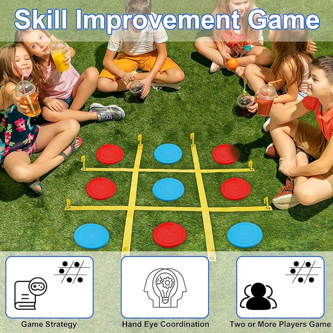 Giant Tic Tac Toe Outdoor Game, 4 Ft X 4 Ft Large Tic Tac Toe Strap Game Outdoor with 10PCS Soft Flying Disc for Kids and Adults to Play Outdoors, Beach, and Park