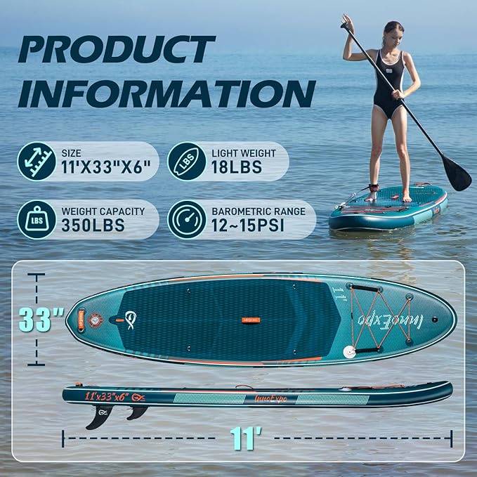 InnoExpo 11' Inflatable Stand Up Paddle Boards with Premium Accessories, Wide Stable SUP Paddle Board Design, Non-Slip Comfort Deck for Youth & Adults