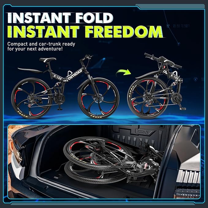 26 inch Folding Mountain Bike, Carbon Steel Frame and 21 Speed, Double Disc Brake and Dual Suspension Folding Bike for Adults/Men/Women, Easy Assembly Bicycle(Black/Green/Orange)