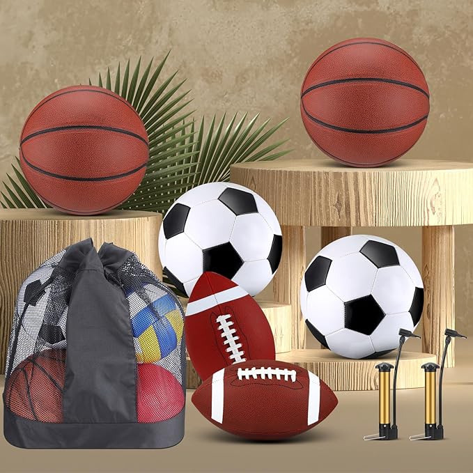 Lenwen 6 Pcs Sport Balls Set for Kids Teens, Include Official Size Basketball Football Soccer Ball with Sport Equipment Bags and Pumps for Training Practice Back to School