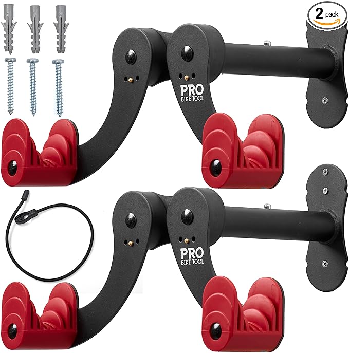Pro-Bike Tool Bike Wall Mount - Adjustable Hanging Arms Horizontal Bike Rack - for Almost Every Bike - Bike Wall Hanger with Durable Metal Construction - Black/Red - Set of 2