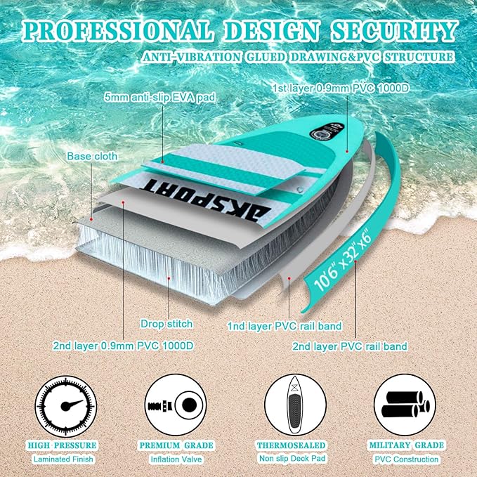 AKSPORT Inflatable Stand Up Paddle Board, SUP Board with All Accessories, Wide Stable Design, Non-Slip Deck, Inflatable Paddle Boards for Youth & Adult