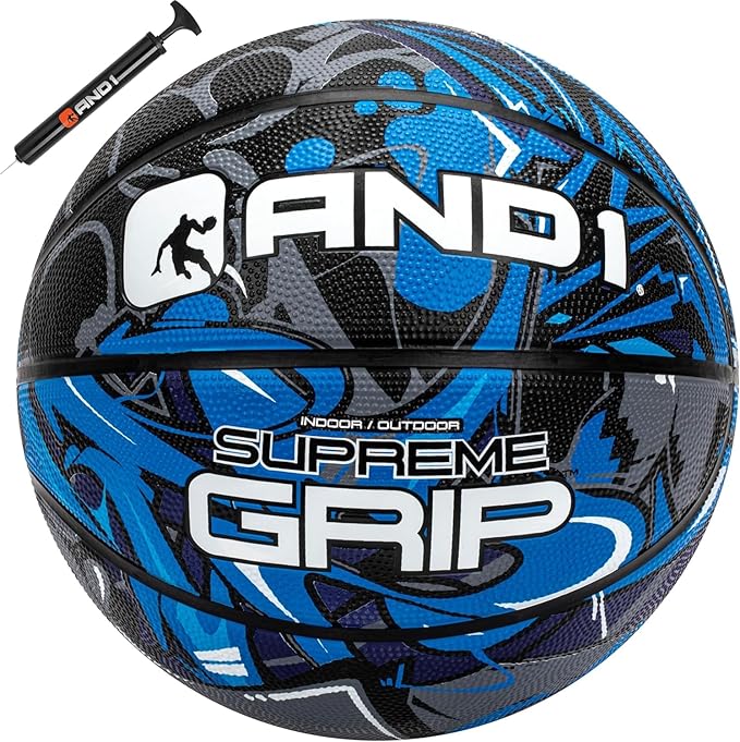 AND1 Supreme Grip Official Regulation Size 7 (29.5 inches) Rubber Basketball - Deep Channel Construction Streetball, Made for Indoor Outdoor Games
