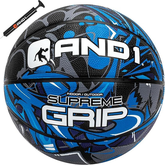 AND1 Supreme Grip Official Regulation Size 7 (29.5 inches) Rubber Basketball - Deep Channel Construction Streetball, Made for Indoor Outdoor Games