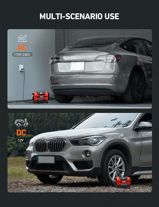 AstroAI Tire Inflator Portable Air Compressor Pump 150PSI 12V DC/110V AC with Dual Metal Motors &LED Light， Automotive Car Accessories&Two mode for car, bicycle tires and air mattresses, Red