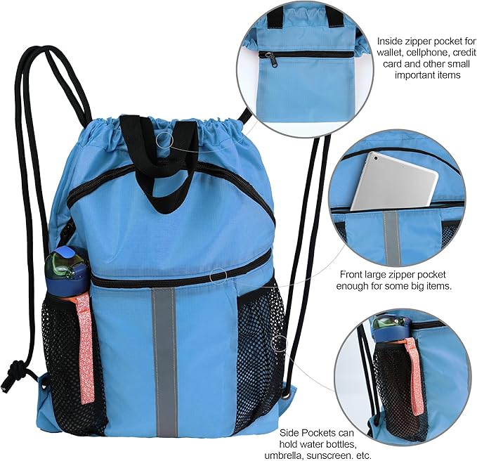 BeeGreen Drawstring Backpack Bag with Shoe Compartment, X-Large Black Gym Sports String Cinch Backpack