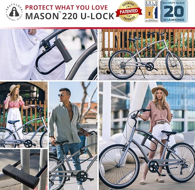 Seatylock Mason Bike U Lock - Patented Heavy Duty Anti Theft Diamond Secure ULock - Ultra Security Bicycle Safety Tool with Keys for City Electric or Mountain Bikes and Scooters