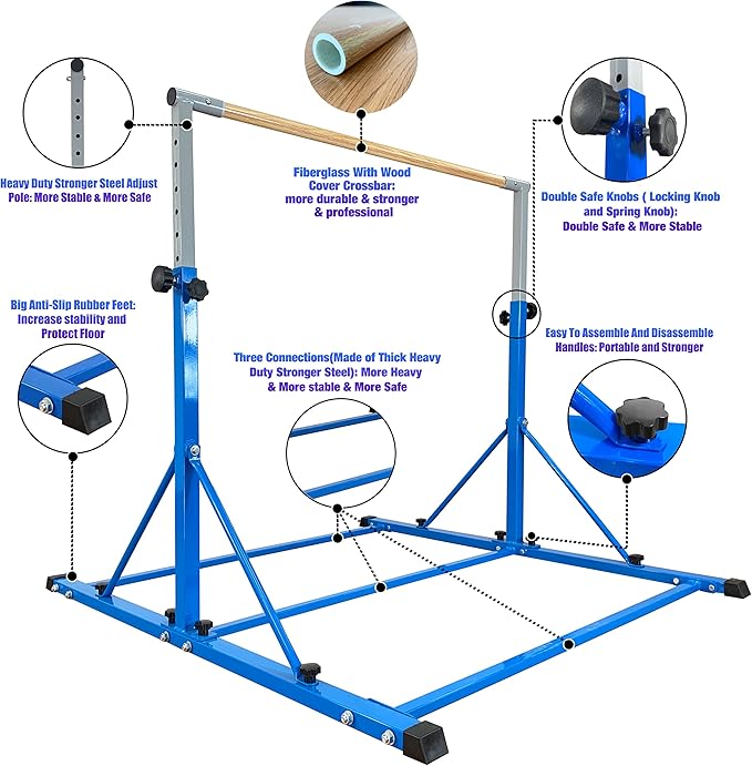 MARFULA Gymnastic Bar for Kid and Teenage Ages 3-25, 5 FT / 8 FT Base Length, 4 FT Width 5 FT Height, Gymnastic Kip Bar Horizontal Bar for Gymnast, Gymnastic Training Equipment for Home and Club Use