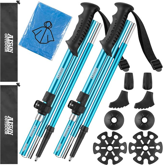 AISUNOURDOOR Lightweight Adjustable Trekking Poles, Aluminum Collapsible Travel Hiking or Walking Sticks for Women Children, with One Disposable Raincoat