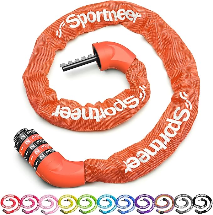 Sportneer Bike Lock: 5 Digit Combination High Security Anti Theft Bike Chain Lock - 3.2/3.6/4ft Heavy Duty Keyless Bicycle Lock for Bike, Motorcycle, Scooter, Door & Gate - 4/6mm Thick, Easy to Use