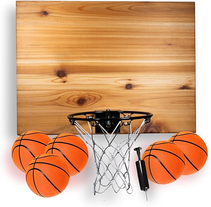 Elite Mini Basketball Hoop & Ball Set, Wall Mount, Indoor Made in The USA Cedar Backboard. Includes 9” Hoop, Net, Pump & 5 Mini Basketballs.