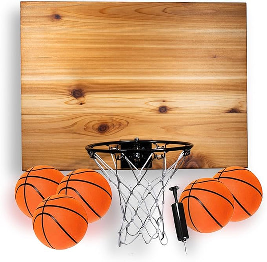 Elite Mini Basketball Hoop & Ball Set, Wall Mount, Indoor Made in The USA Cedar Backboard. Includes 9” Hoop, Net, Pump & 5 Mini Basketballs.