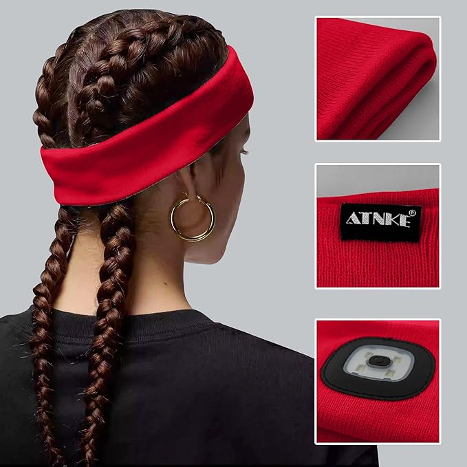 ATNKE 4 LED Lighted Sport Sweatband,USB Rechargeable Running Head Band Lamp High Stretch Wicking Gifts for Men and Women
